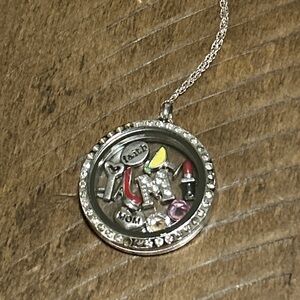 M / Mom Enclosure Floating Locket Crystal Necklace with Tiny Charms